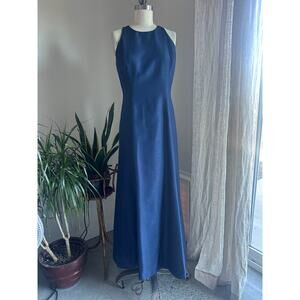 Vintage Women’s Medium Gown Blue Silk Halter Maxi Dress Open Back Bow Detail